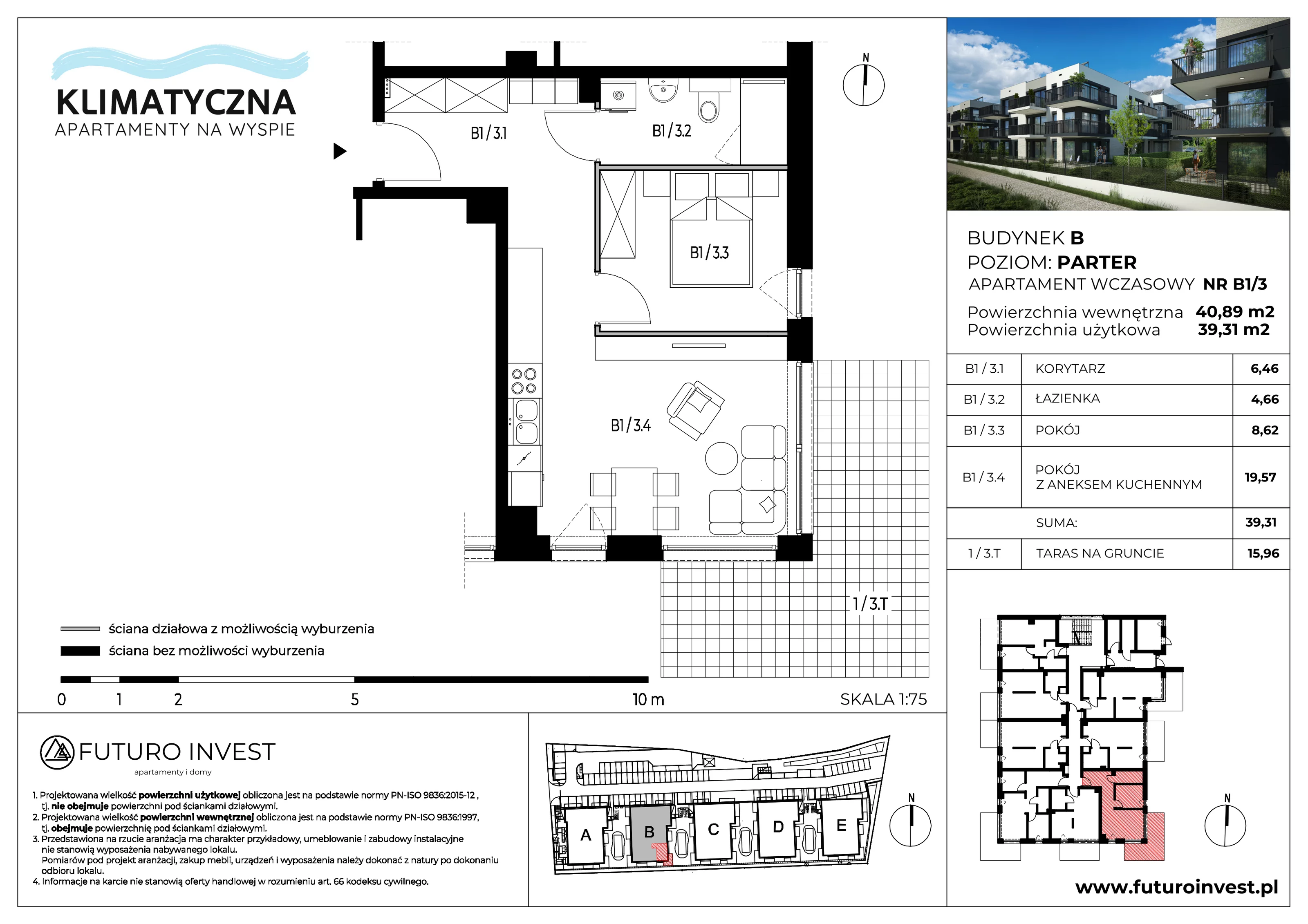 2 pokoje, apartament 39,31 m², parter, oferta nr B1/3, Apartamenty Klimatyczna, Gdańsk, Wyspa Sobieszewska, ul. Klimatyczna 88